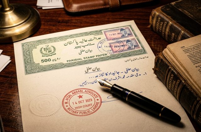 Authentic Pakistani court stamp paper, judicial fee stamps, and legal reporter volumes for custody of minor proceedings in Family Court
