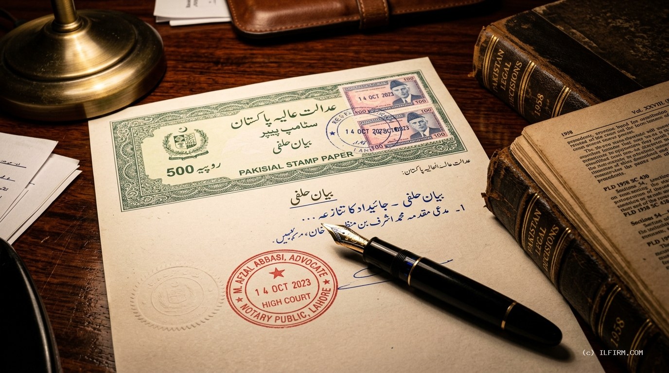 Authentic Pakistani court stamp paper, judicial fee stamps, and legal reporter volumes for custody of minor proceedings in Family Court