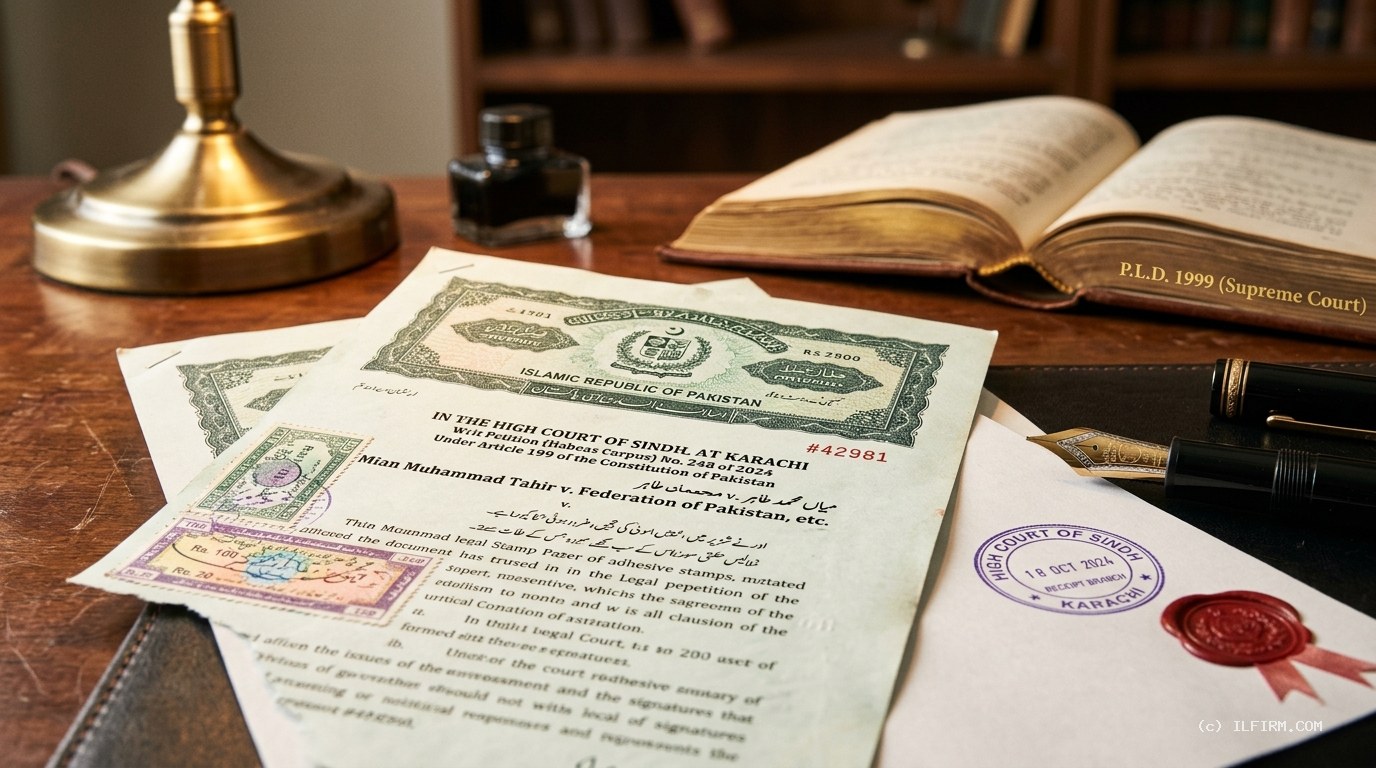 Authentic Pakistani court stamp papers, judicial fee tickets, High Court seals, and law reporter volumes for Article 199 Habeas Corpus petition