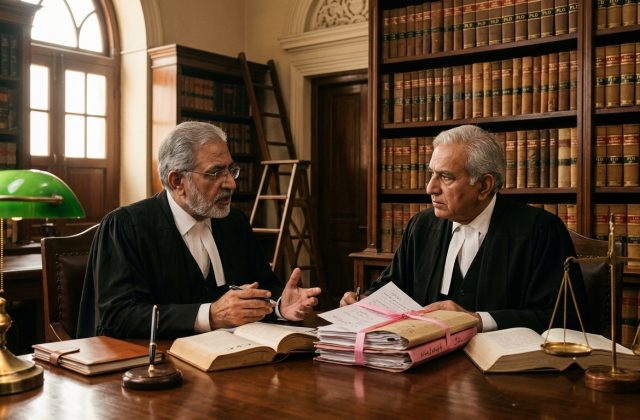 Senior Pakistani advocates in formal legal gowns and bands conferring inside law library chamber on Habeas Corpus petition under Article 199
