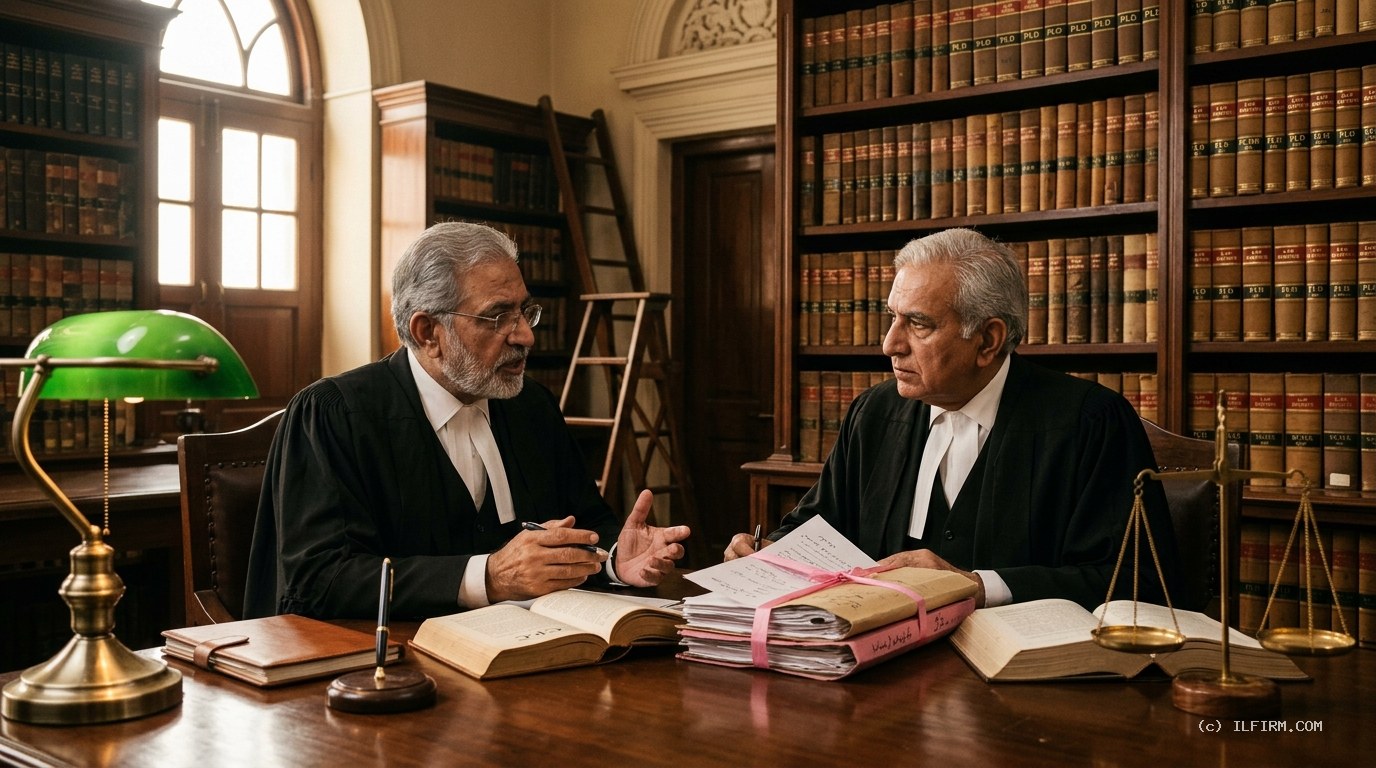Senior Pakistani advocates in formal legal gowns and bands conferring inside law library chamber on Habeas Corpus petition under Article 199
