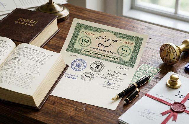 Authentic Pakistani court stamp paper with Urdu calligraphy, judicial revenue fee tickets, advocate seal and legal reporter for Illegal Dispossession Act complaint