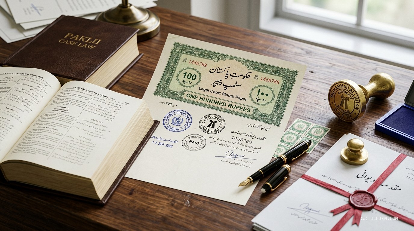 Authentic Pakistani court stamp paper with Urdu calligraphy, judicial revenue fee tickets, advocate seal and legal reporter for Illegal Dispossession Act complaint