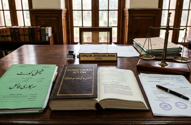Pakistani Family Court law chamber desk with Family Courts Act 1964 volume, case docket, bronze scales of justice, and judicial dower maintenance case records