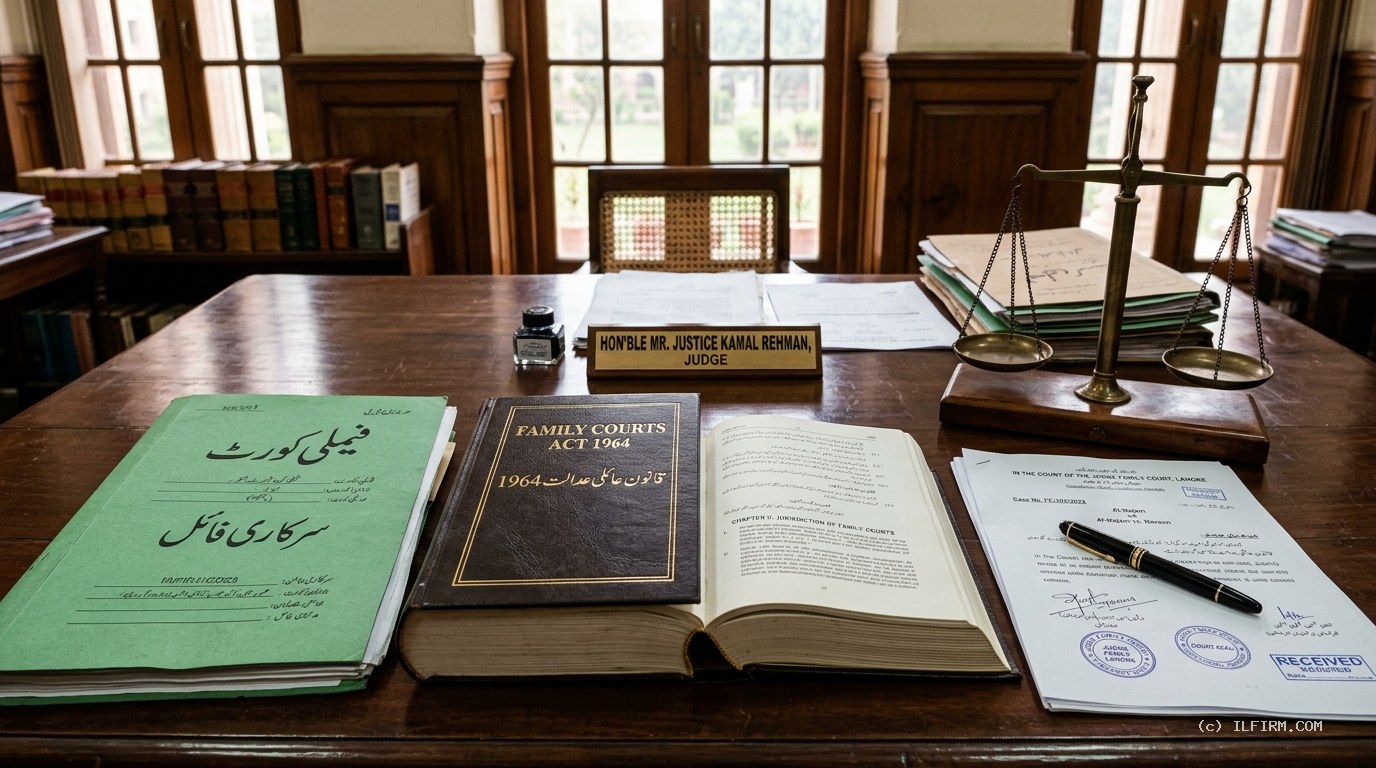 Pakistani Family Court law chamber desk with Family Courts Act 1964 volume, case docket, bronze scales of justice, and judicial dower maintenance case records