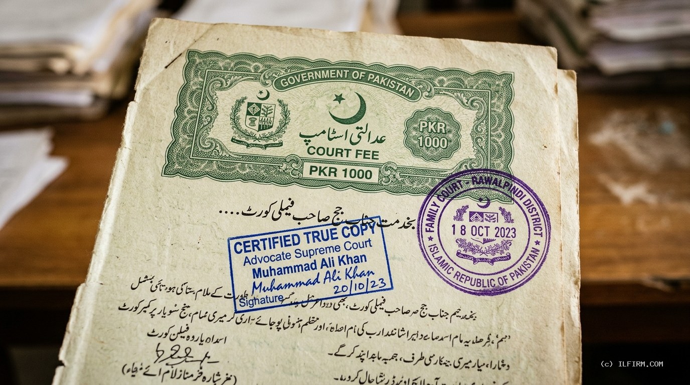 Authentic Pakistani PKR 1000 judicial stamp paper with Family Court seal and advocate certified stamp for dissolution of marriage and maintenance suit