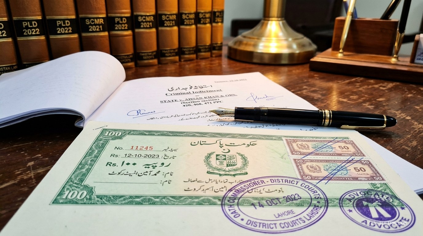 Macro view of authentic Pakistani court stamp paper, judicial fee tickets, official seals, and legal reporter volumes for NAB and FIA white collar crime proceedings