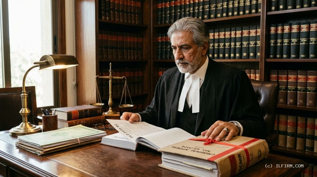 Senior Pakistani High Court and Supreme Court advocate in formal legal robes and bands reviewing NAB and FIA white collar crime defense brief and remand precedents