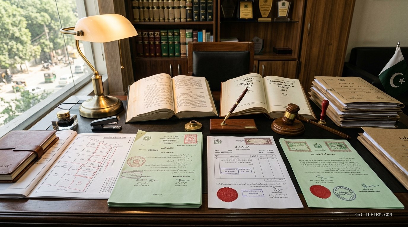 Certified Pakistani land revenue fard jamabandi, court partition petitions, cadastral maps, and law precedent reporters
