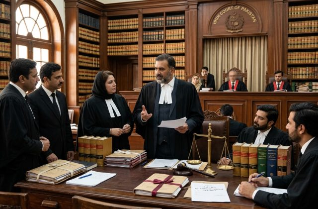 Pakistani Advocates and Senior Advocates of High Court in black legal gowns presenting land title dispute and partition petition arguments in judicial chambers