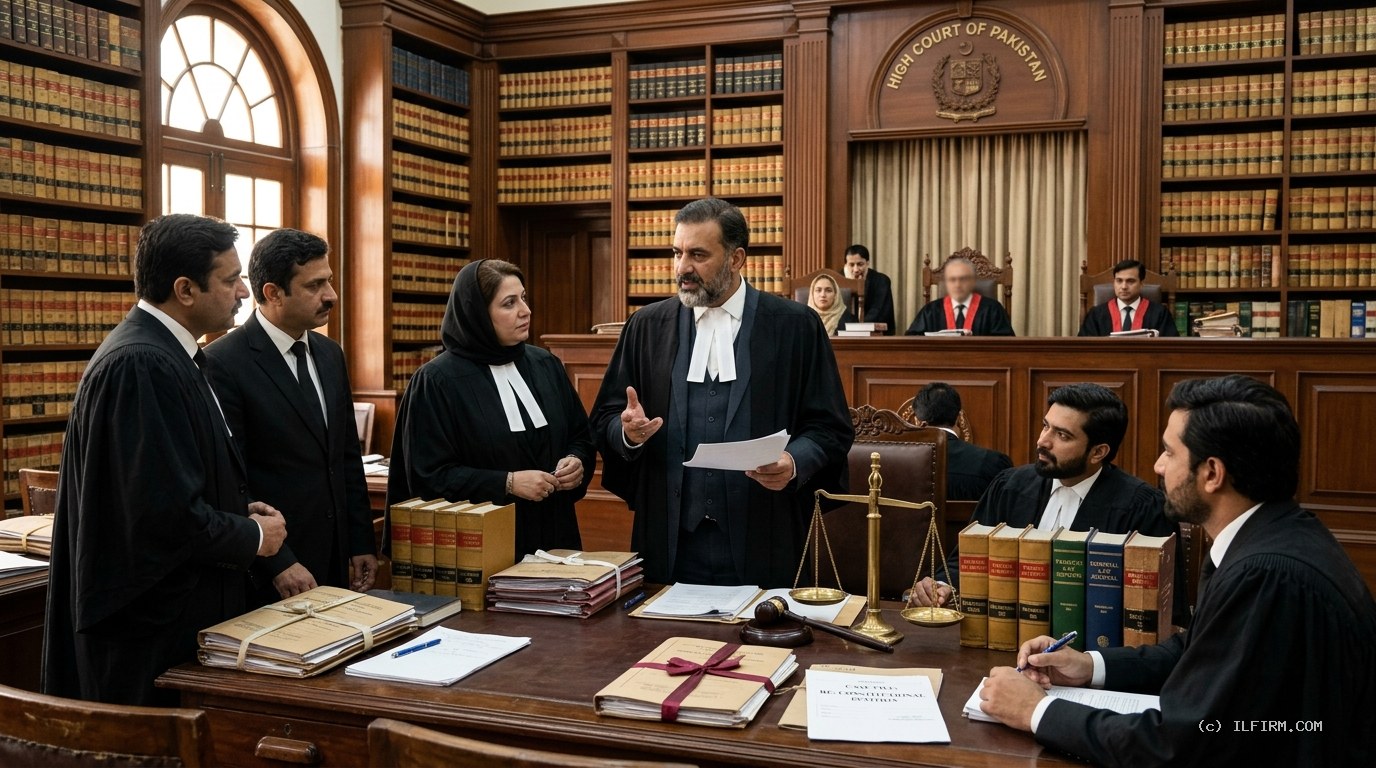 Pakistani Advocates and Senior Advocates of High Court in black legal gowns presenting land title dispute and partition petition arguments in judicial chambers