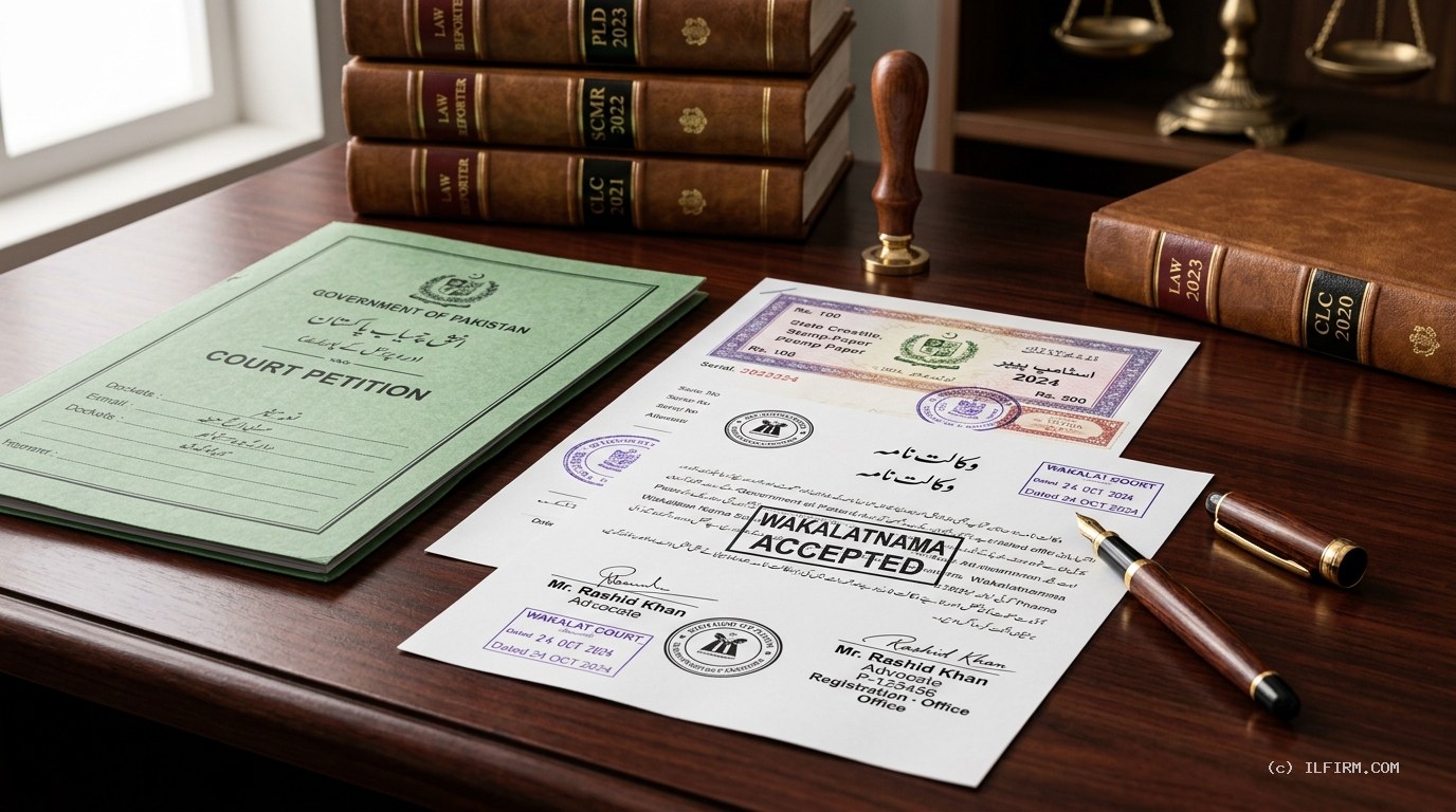 Pakistani legal documentation desk displaying stamped Section 498 CrPC bail petition dossier, attested Wakalatnama, and law reporter precedents