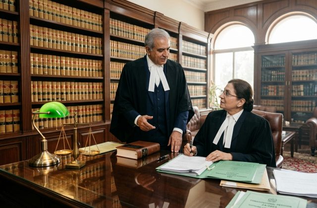 Pakistani superior court advocates in formal gowns conferring in a legal library on pre-arrest bail under Section 498 CrPC