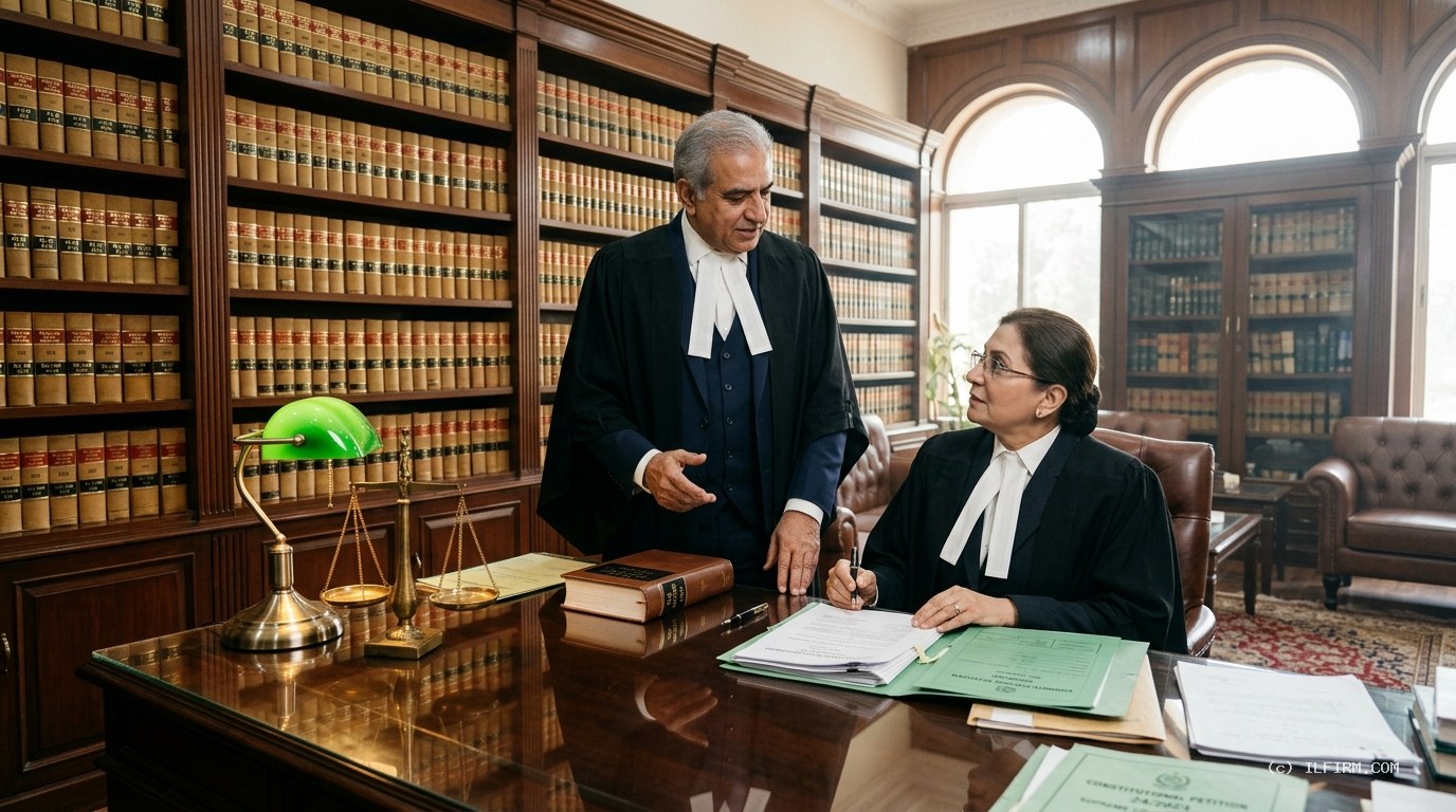 Pakistani superior court advocates in formal gowns conferring in a legal library on pre-arrest bail under Section 498 CrPC