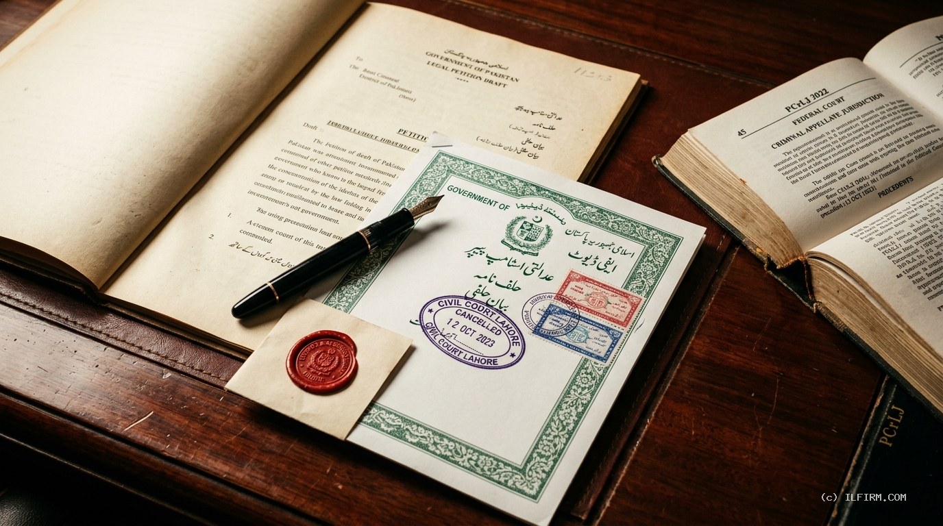 Authentic Pakistani judicial stamp paper, court fee tickets, legal seals, and Pakistan Criminal Law Journal reporters for Section 561-A CrPC Quashment