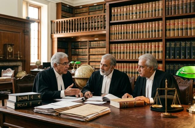 Senior Pakistani advocates in black gowns and white neckbands consulting law reporters in library chamber for Quashment of FIR under Section 561-A CrPC