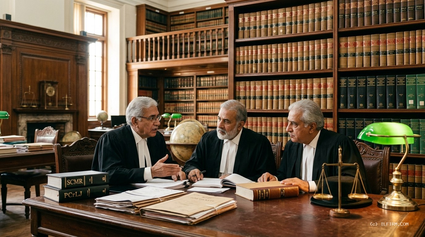 Senior Pakistani advocates in black gowns and white neckbands consulting law reporters in library chamber for Quashment of FIR under Section 561-A CrPC