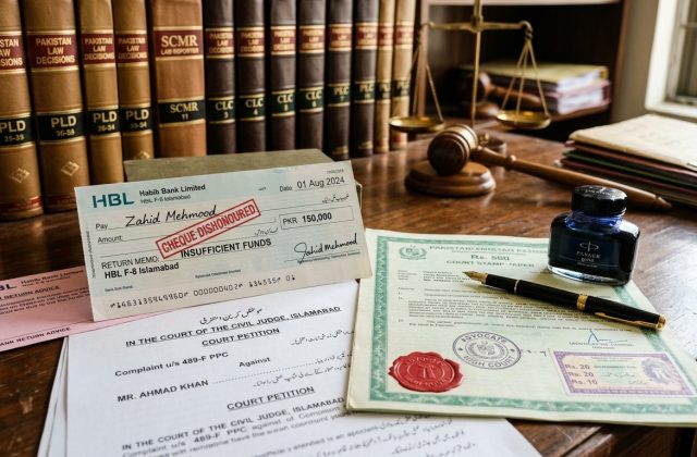 Official court petition papers, dishonoured cheque return memo slip, and legal precedents under Section 489-F PPC Pakistan