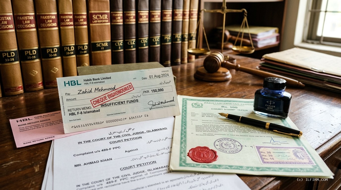 Official court petition papers, dishonoured cheque return memo slip, and legal precedents under Section 489-F PPC Pakistan