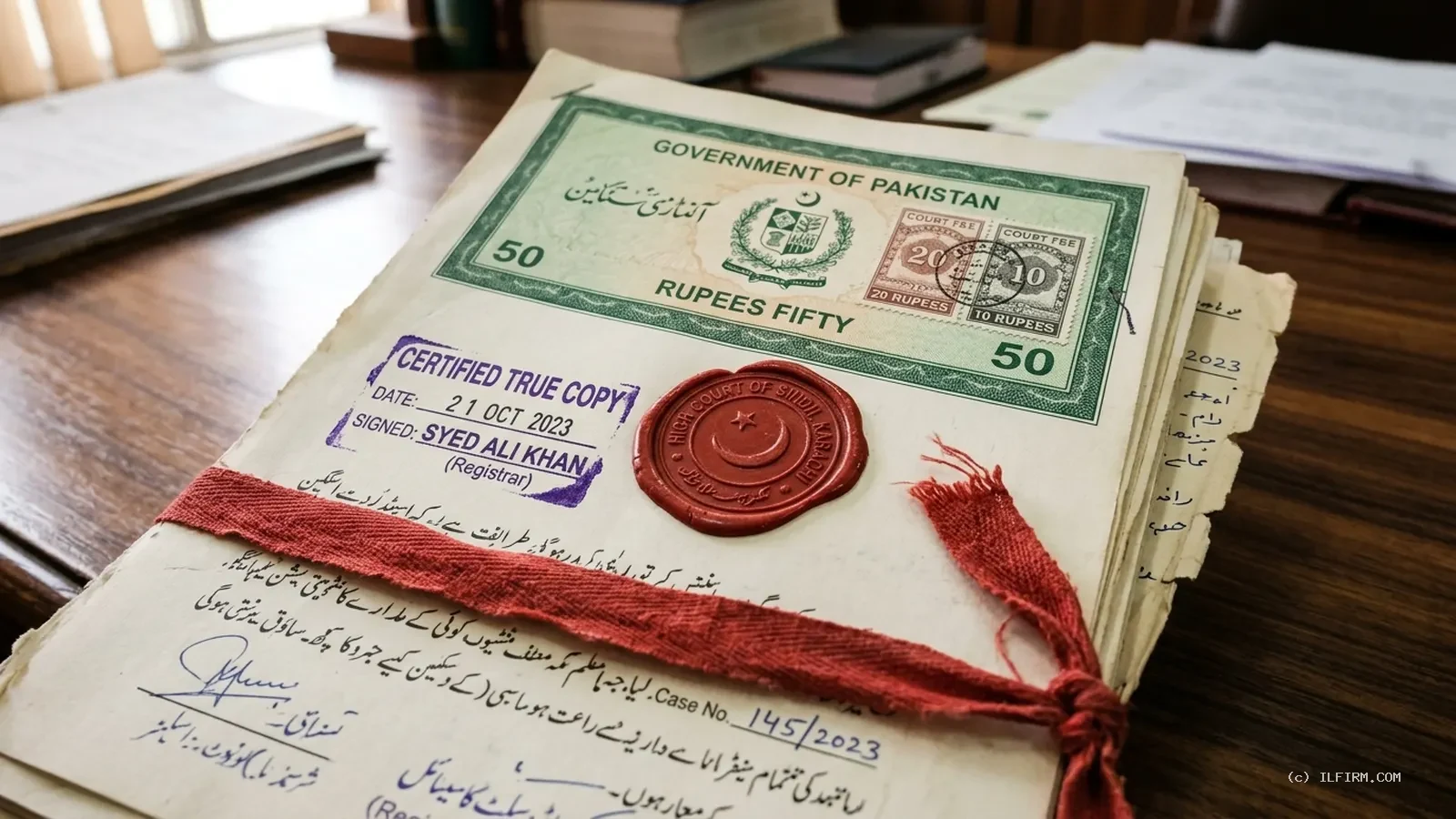 Macro photograph of stamped Pakistani judicial stamp paper and court fee seals for succession certificate letter of administration succession act nadra procedure pakistan