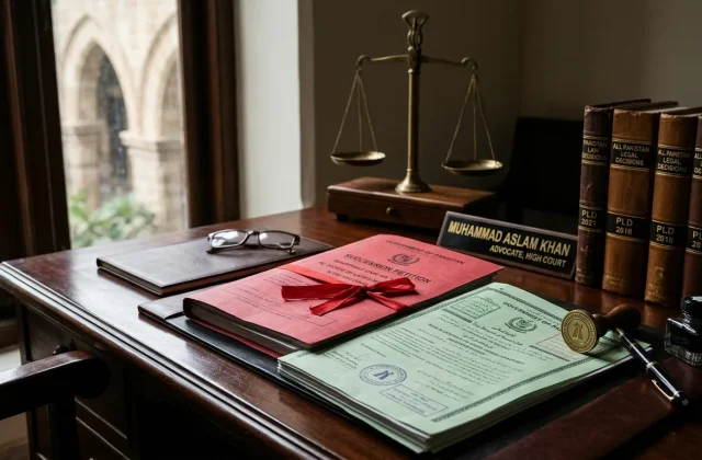 Official Pakistani legal chamber desk with Succession Act case files and stamp paper for succession certificate letter of administration succession act nadra procedure pakistan
