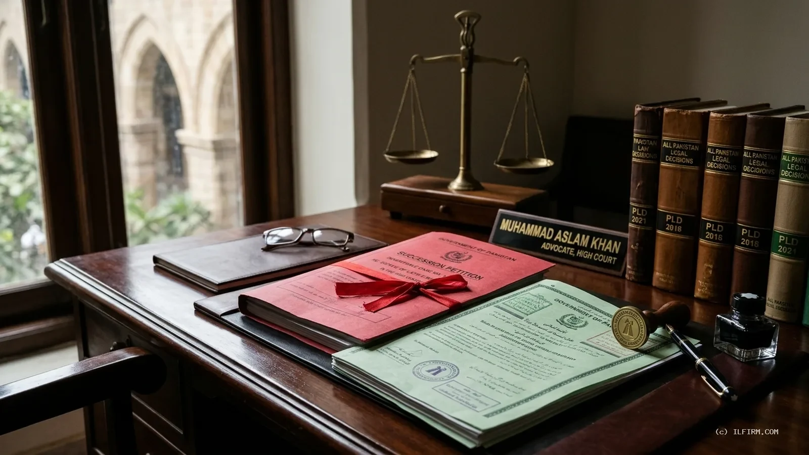 Official Pakistani legal chamber desk with Succession Act case files and stamp paper for succession certificate letter of administration succession act nadra procedure pakistan