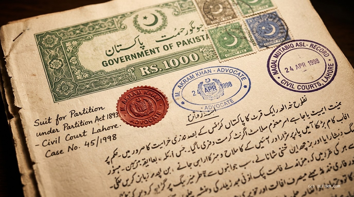 Authentic Pakistani judicial stamp paper and certified copy stamp for partition of joint property suit
