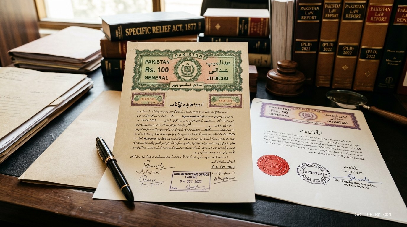 Pakistani legal stamp paper agreement to sell contract, revenue stamps, court fee tickets, and Specific Relief Act law reporters